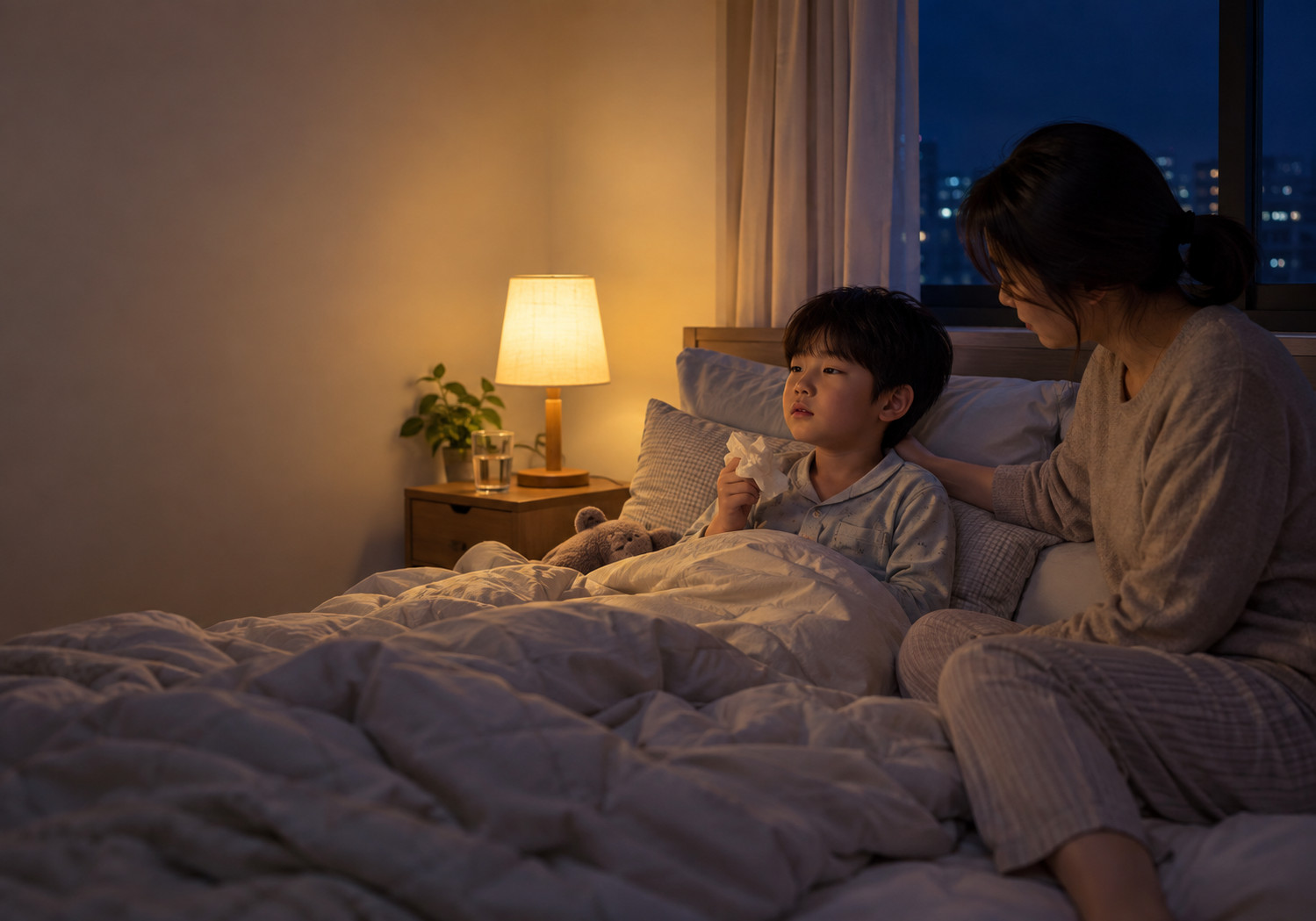 평촌 밤에 심해지는 기침 – 밤에 침대에 앉아 휴지를 든 남자아이를 엄마가 돌보는 모습