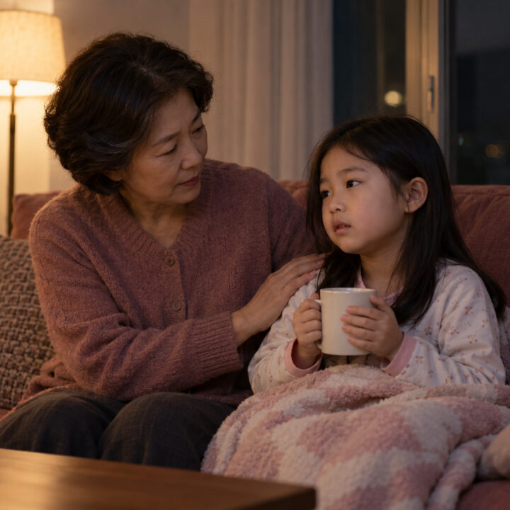 평촌 밤에 심해지는 기침 – 밤에 담요를 덮고 컵을 든 여자아이를 할머니가 곁에서 돌보는 모습