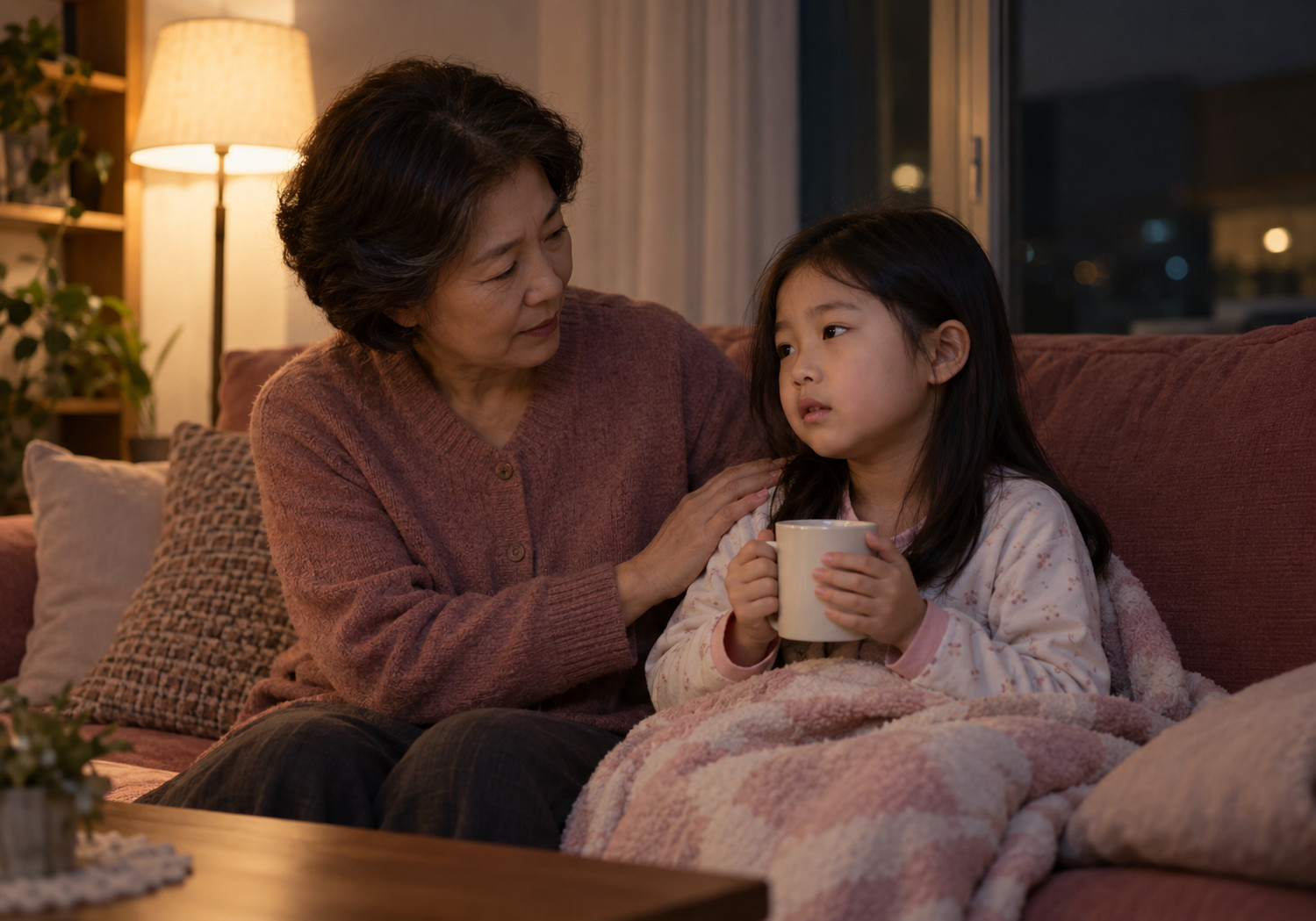평촌 밤에 심해지는 기침 – 밤에 담요를 덮고 컵을 든 여자아이를 할머니가 곁에서 돌보는 모습