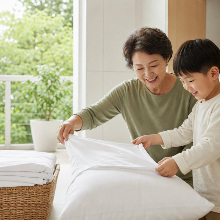 평촌 감기를 달고 사는 아이 – 할머니와 남자아이가 밝은 실내에서 흰 베개에 베갯잇을 씌우는 모습