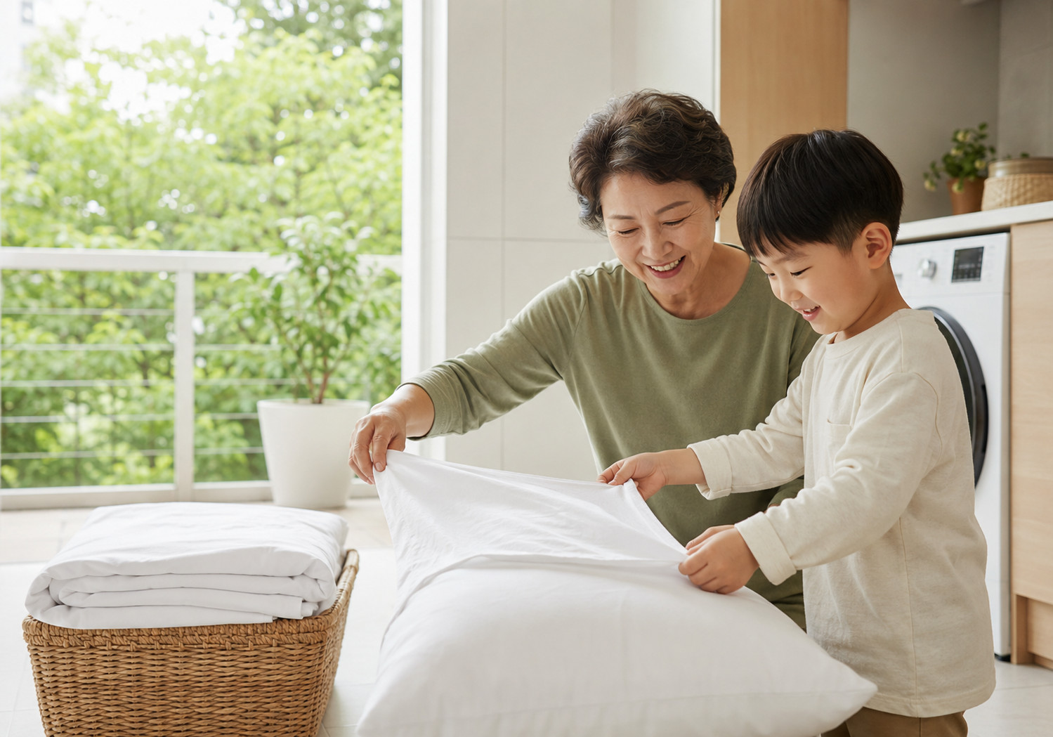 평촌 감기를 달고 사는 아이 – 할머니와 남자아이가 밝은 실내에서 흰 베개에 베갯잇을 씌우는 모습