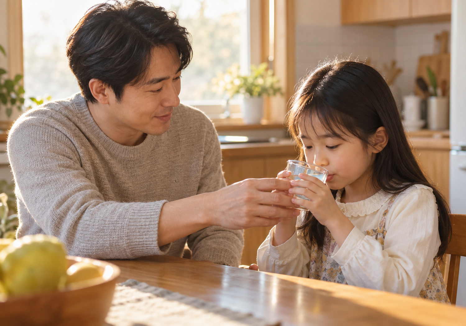평촌 아이 헛기침 – 여자아이가 물이 담긴 유리컵을 두 손으로 들고 마시며 아빠가 컵을 받쳐 주는 모습