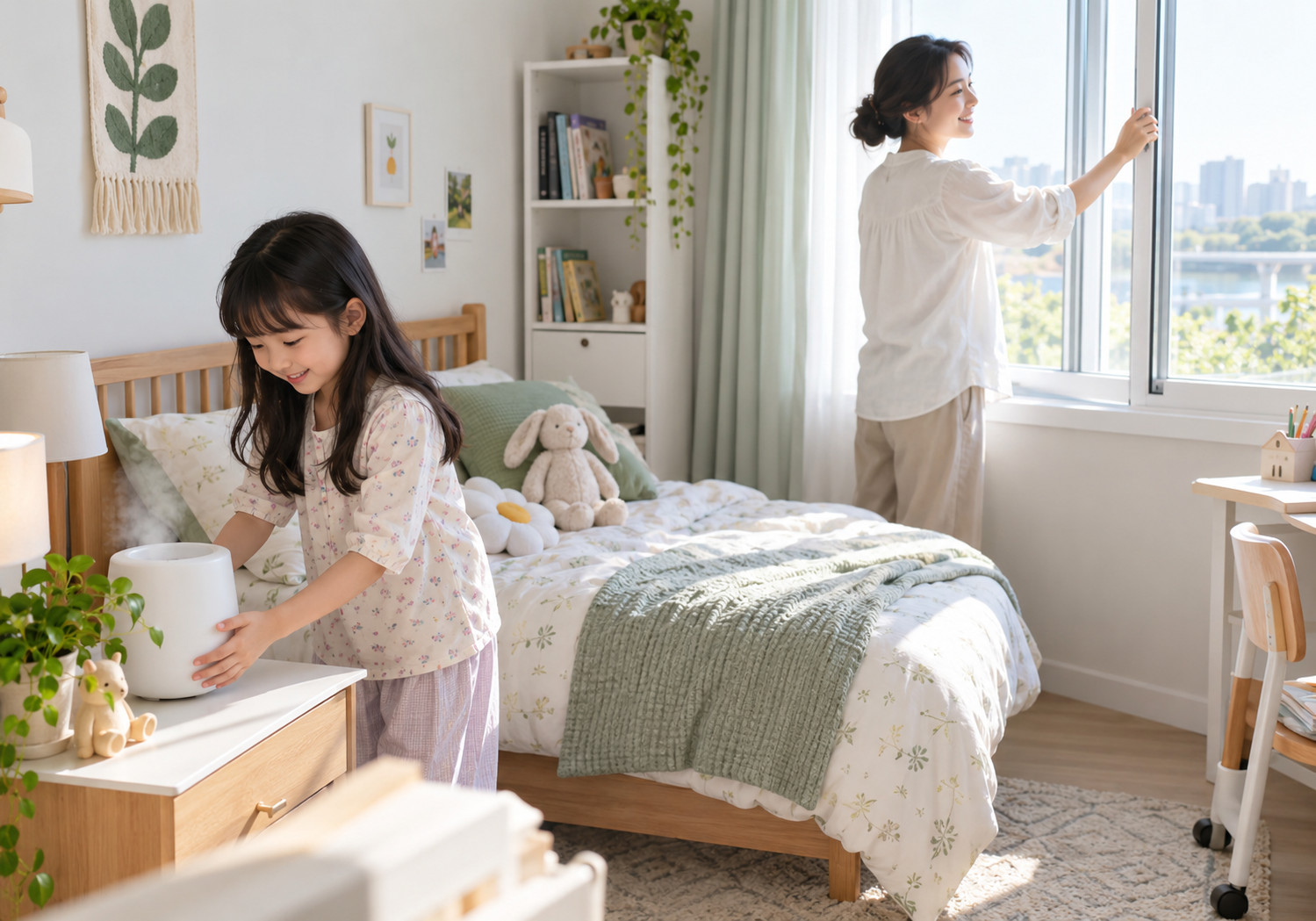 평촌 아이 헛기침 – 여자아이가 침실의 가습기에 손을 대고 엄마가 창문을 여는 모습
