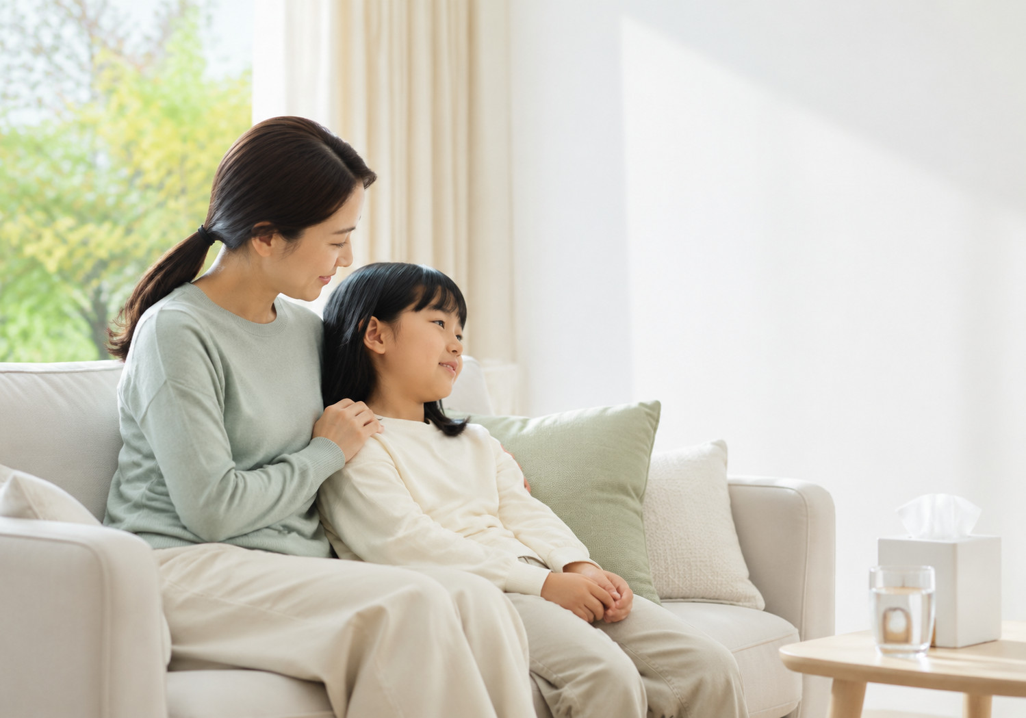 평촌 환절기 기관지염 – 엄마가 소파에 함께 앉은 여자아이의 어깨에 손을 얹고 아이가 엄마에게 기대어 쉬는 모습