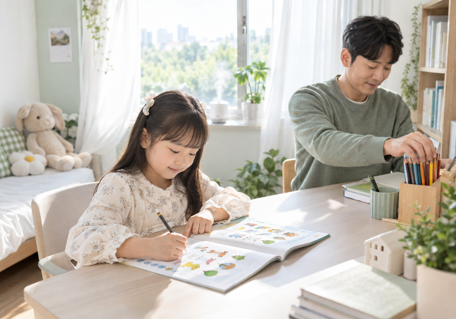 평촌 부비동염과 집중력 – 여자아이가 책상에서 활동지에 연필로 쓰고 아빠가 옆에서 색연필을 정리하는 모습