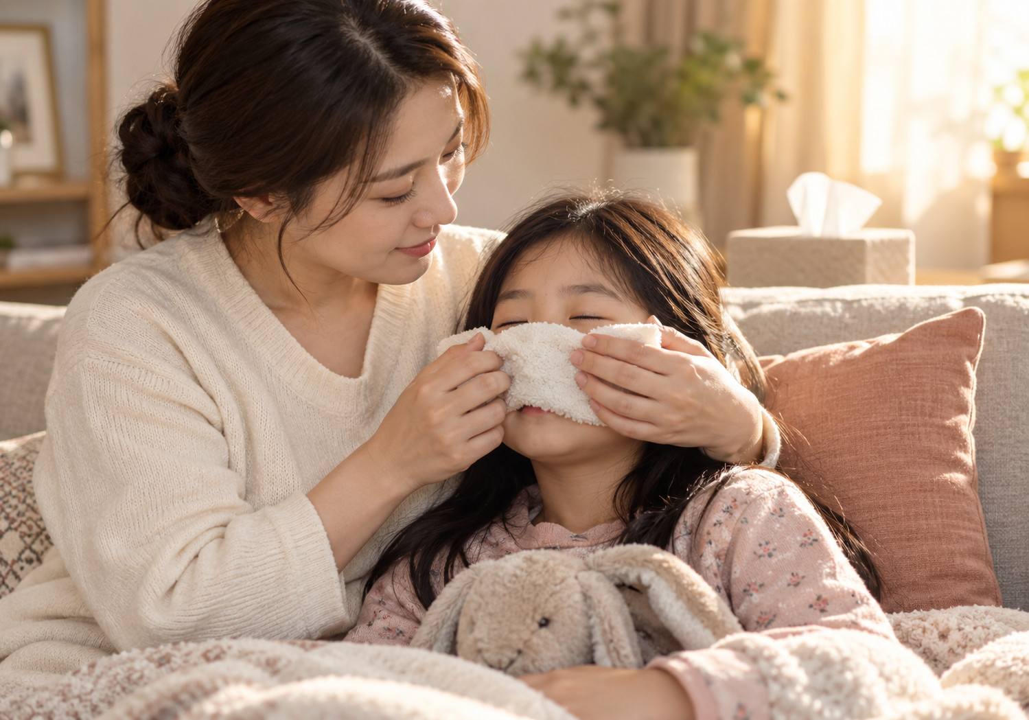 평촌 부비동염과 집중력 – 소파에 기대어 눈을 감은 여자아이의 코 주변에 엄마가 수건을 대어 주는 모습