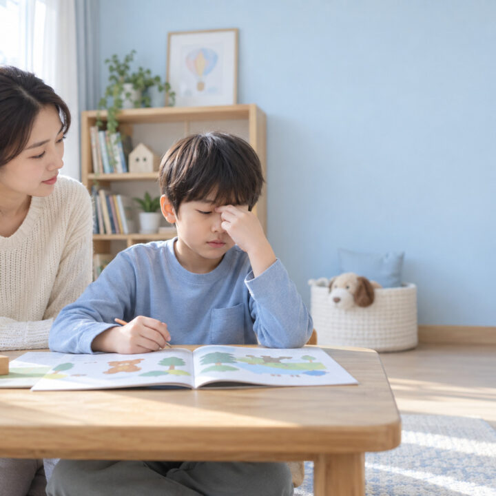 평촌 부비동염과 집중력 – 펼친 책 앞에 앉은 남자아이가 콧등에 손을 대고 엄마가 옆에서 살펴보는 모습