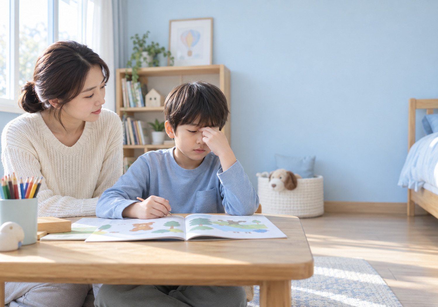 평촌 부비동염과 집중력 – 펼친 책 앞에 앉은 남자아이가 콧등에 손을 대고 엄마가 옆에서 살펴보는 모습