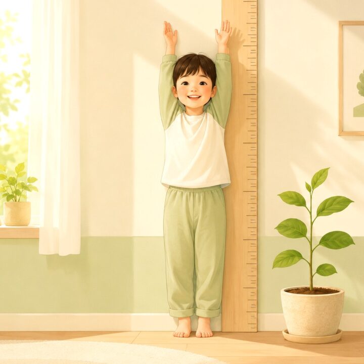 강남 소아 성장 – 키 재기 자 앞에서 키를 재는 아이