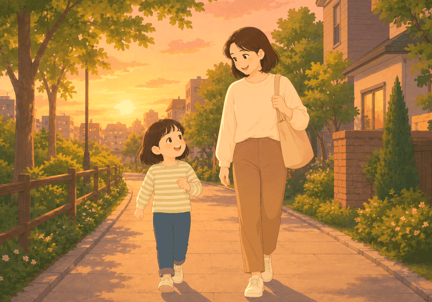 강남 소아비만 — 엄마와 아이가 노을 진 길을 함께 걷는 모습