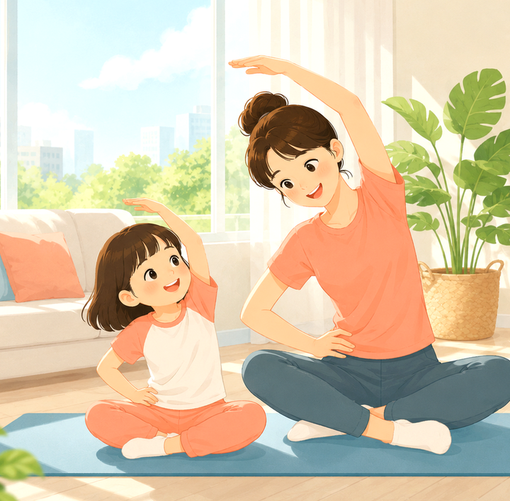 강남 소아비만 – 엄마와 아이가 거실 매트에서 함께 스트레칭하는 모습
