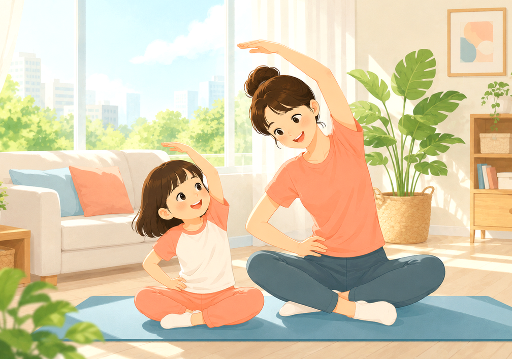 강남 소아비만 — 엄마와 아이가 거실 매트에서 함께 스트레칭하는 모습