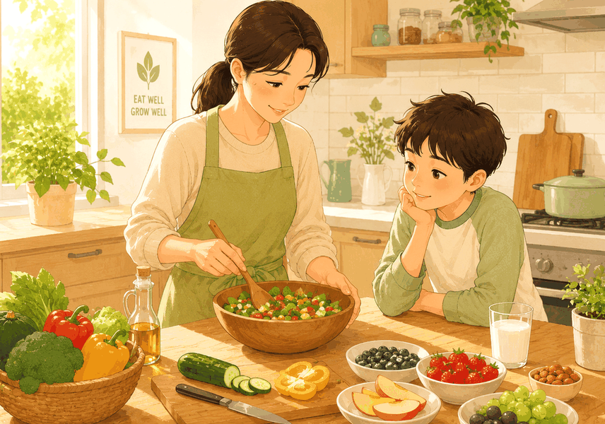 강남 성조숙증 — 주방에서 엄마가 채소 샐러드를 만들고 아이가 옆에서 지켜보는 모습