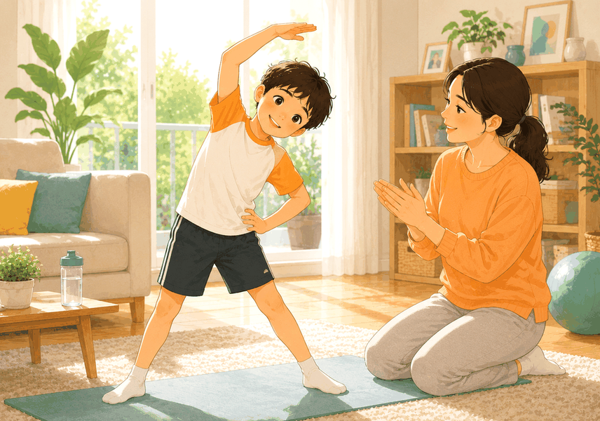 강남 성조숙증 — 거실 매트에서 아이가 스트레칭을 하고 엄마가 무릎 꿇고 손뼉 치며 응원하는 모습