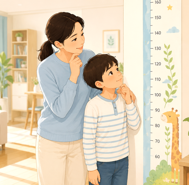 강남 성조숙증 – 엄마와 아이가 키재기 차트를 함께 바라보는 모습