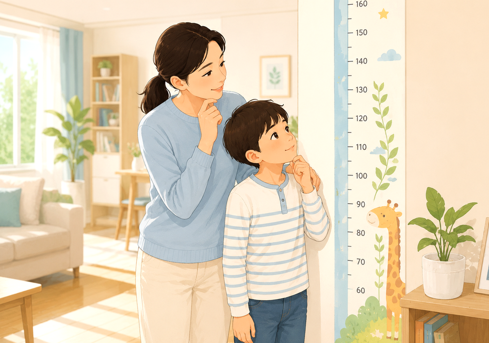 강남 성조숙증 — 거실 벽 키재기 차트를 엄마와 아이가 나란히 서서 함께 올려다보는 모습