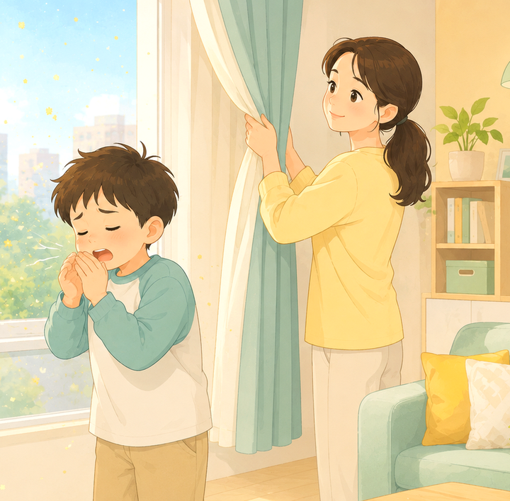강남 알러지비염 – 창가에서 아이가 재채기하고 엄마가 커튼을 걷는 모습