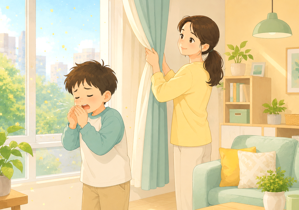 강남 알러지비염 — 재채기하며 코를 비비는 아이