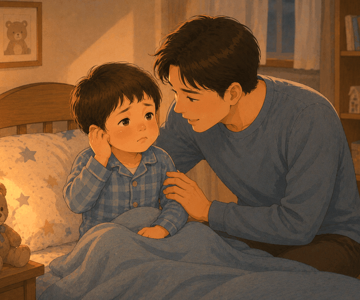 강남 소아 중이염 – 귀 만지는 아이를 달래는 아빠