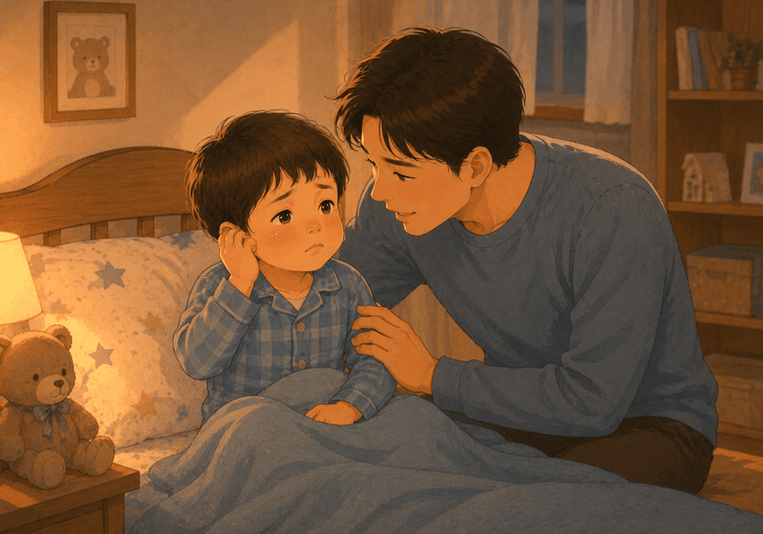 강남 중이염 — 귀를 살펴보는 아이와 계절 관리 장면