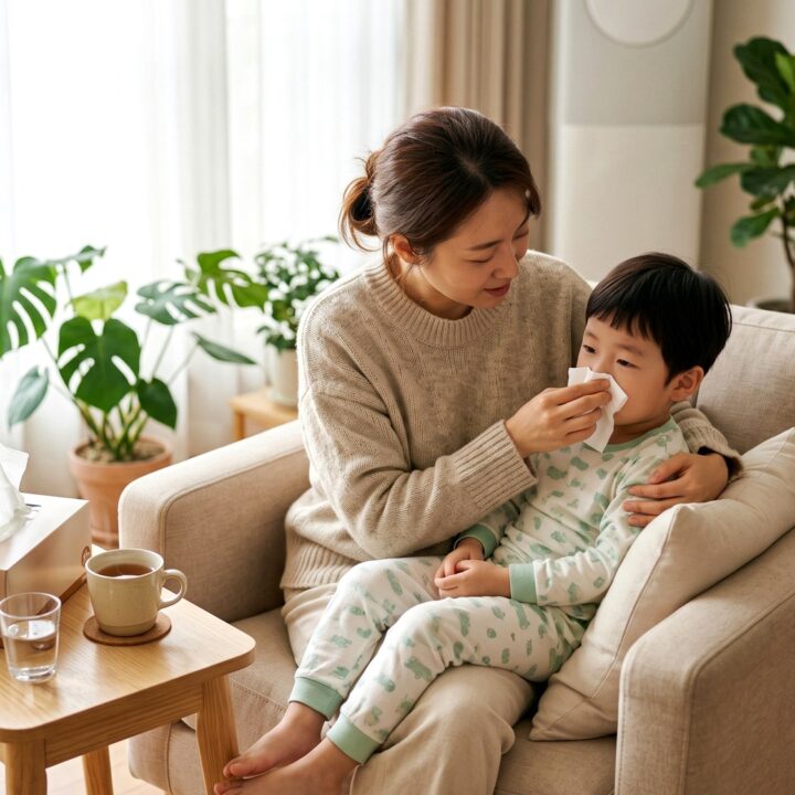 강남 축농증 – 소파에서 아이 코를 닦아주는 엄마