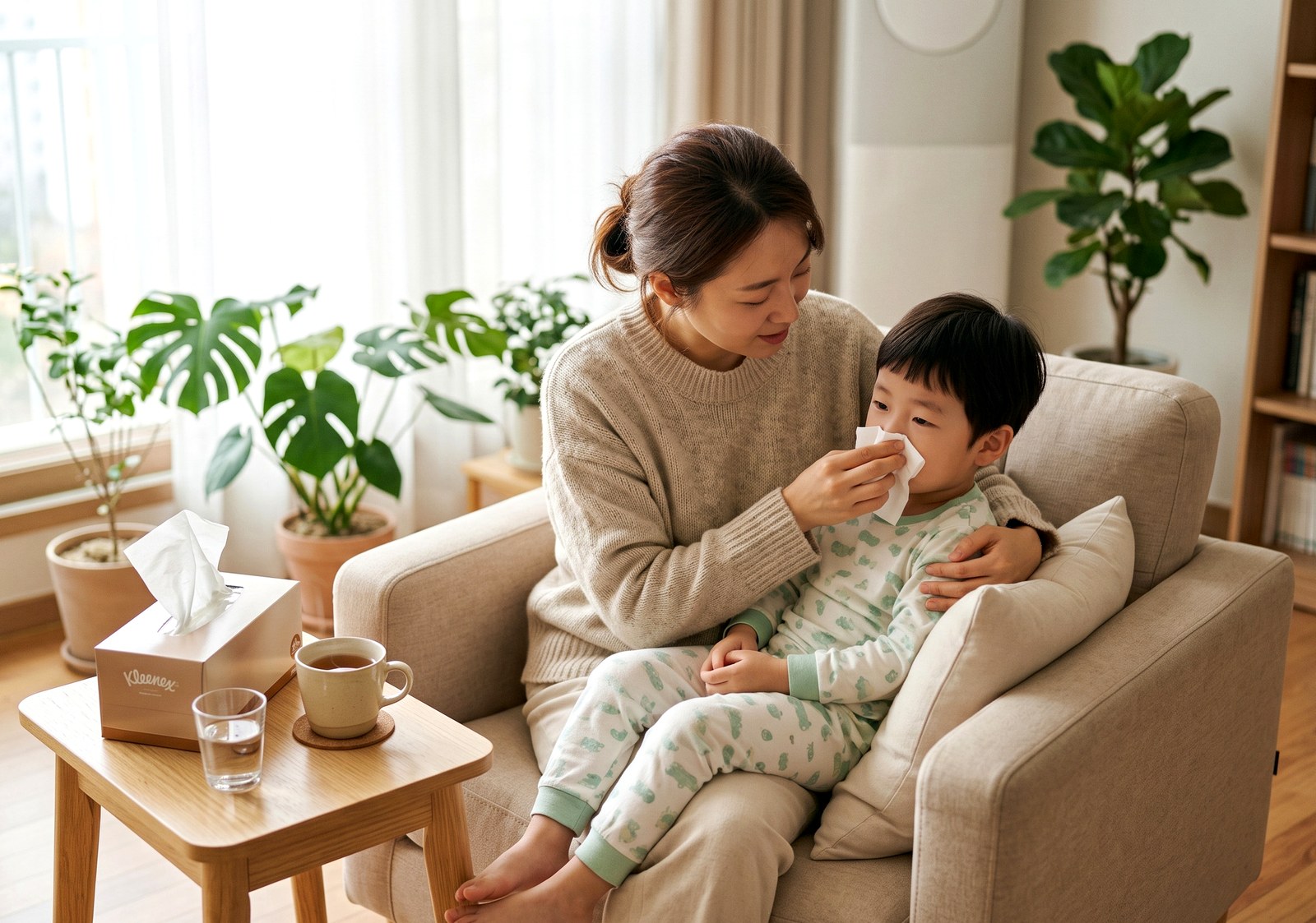 강남 축농증 – 소파에서 아이 코를 닦아주는 엄마
