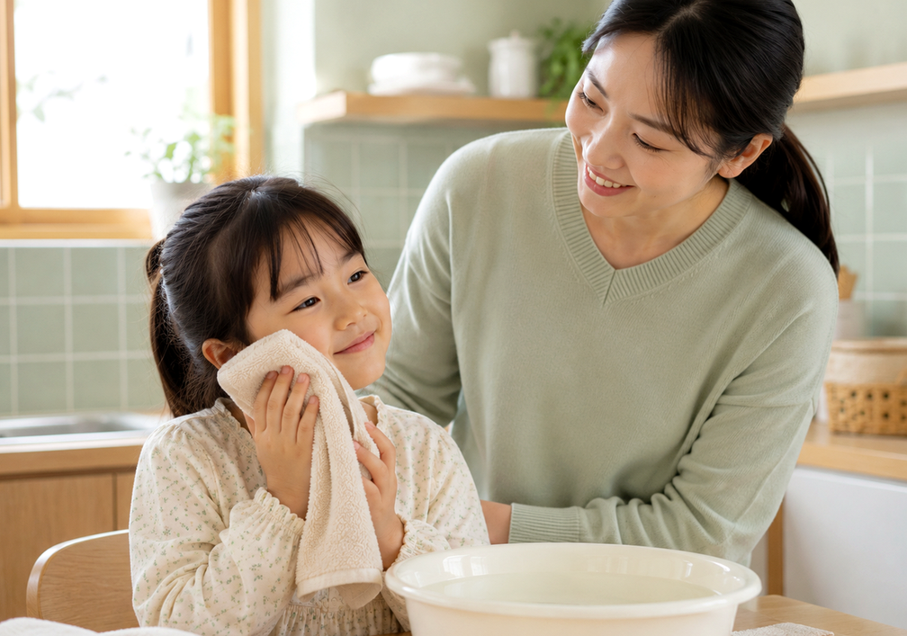 강남 축농증 – 주방에서 따뜻한 수건을 얼굴에 대는 여아와 엄마