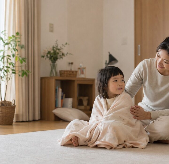 거실 바닥에서 담요를 두른 아이의 등을 어루만지는 엄마