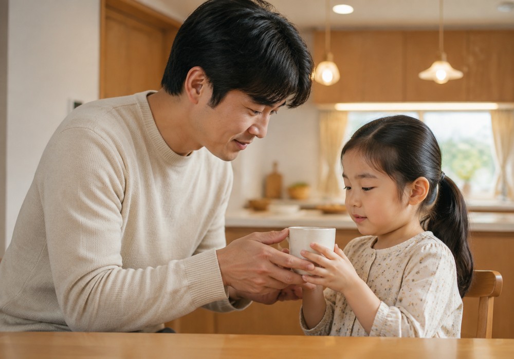 강남 부비동염 – 아빠가 컵을 아이에게 건네는 모습
