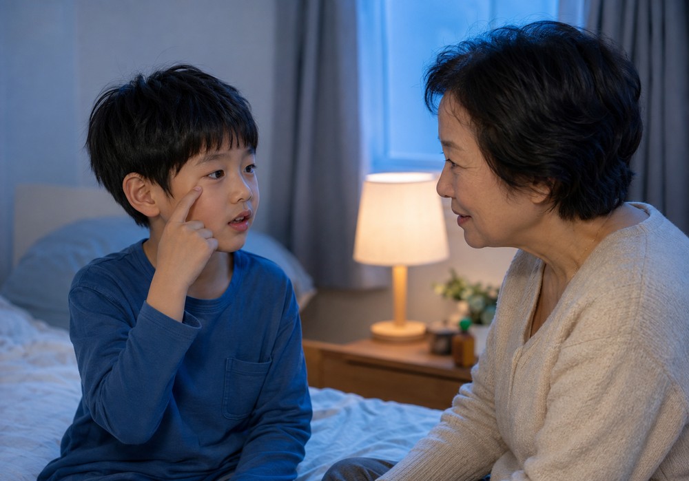 강남 눈깜빡이는아이 – 침실에서 아이와 마주 앉아 이야기하는 할머니