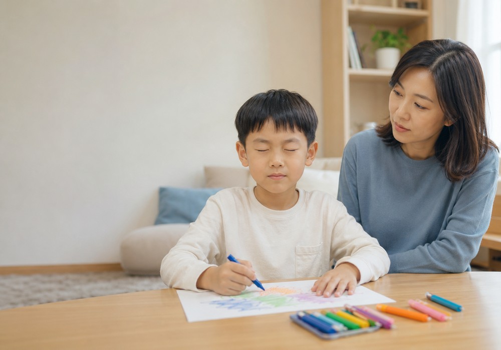강남 눈깜빡이는아이 – 거실에서 엄마와 그림 그리는 남자아이