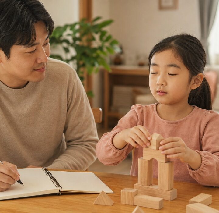 강남 눈깜빡이는아이 – 거실에서 아빠와 블록 쌓는 여자아이