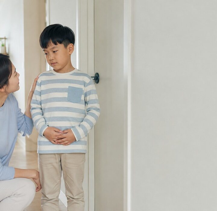 복도에서 파란 줄무늬 상의를 입은 남자아이가 배를 감싸고 서 있고 엄마가 무릎을 굽혀 어깨를 다독이는 모습