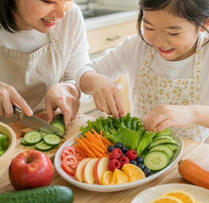 강남 소아비만 – 엄마와 아이가 주방에서 신선한 채소·과일을 손질하는 모습