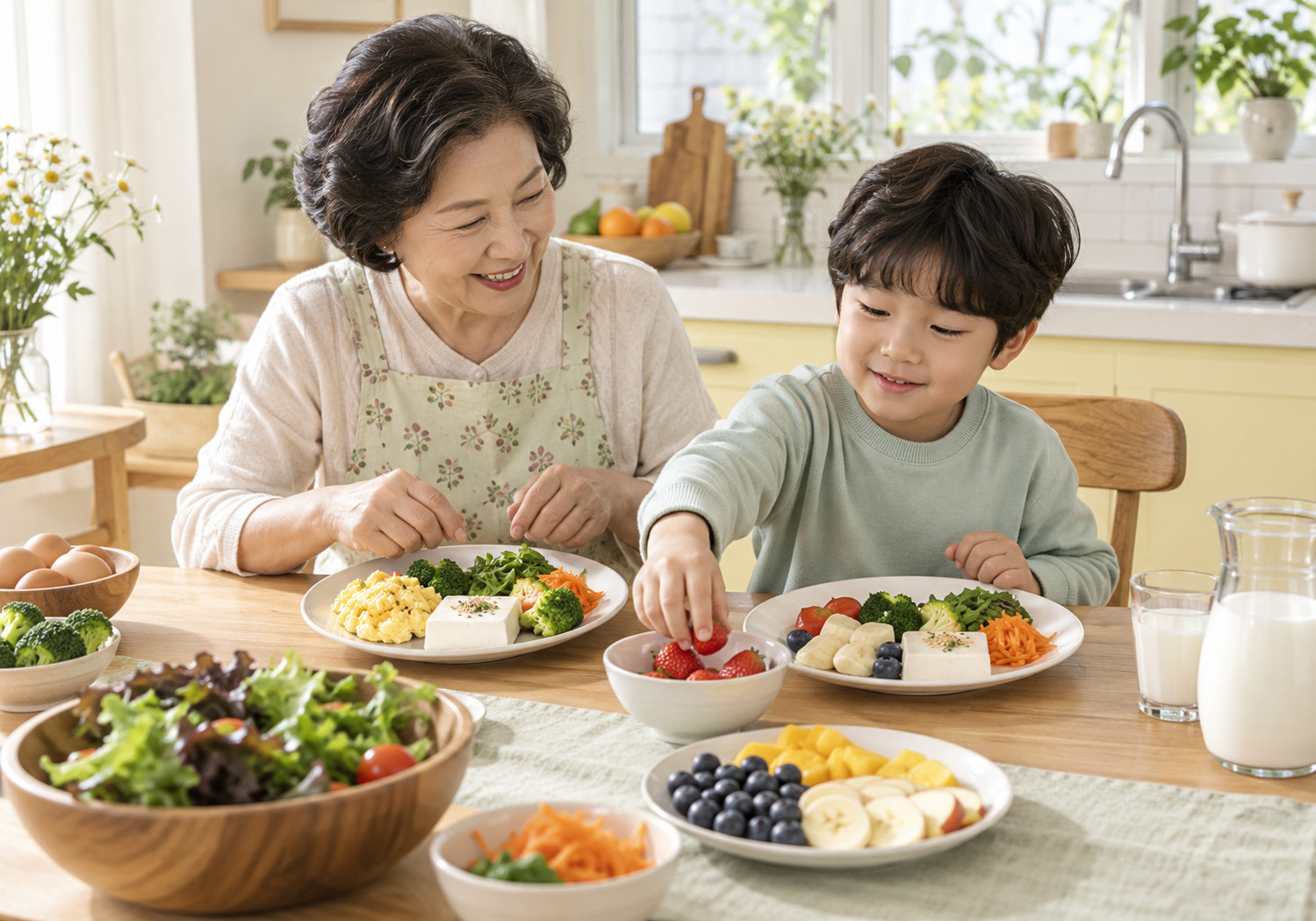 강남 성장기 수면시간 – 남자아이와 할머니가 두부와 달걀, 채소, 과일, 우유가 놓인 식탁에서 식사하는 모습