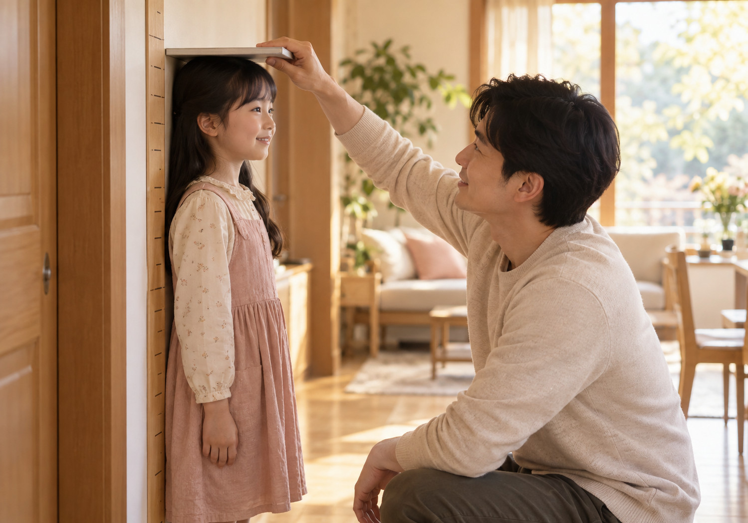 강남 성장기 수면시간 – 아빠가 키 눈금이 표시된 벽 앞에 선 여자아이의 머리 위에 책을 대고 키를 재는 모습
