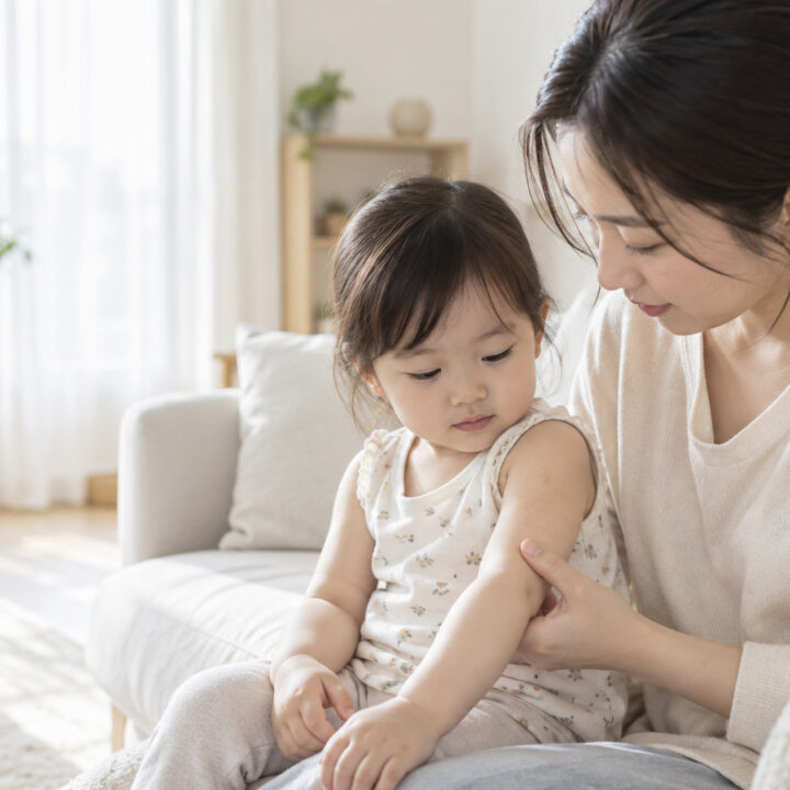 강남 아기 물사마귀 – 엄마가 어린아이의 팔 피부를 살펴보는 장면
