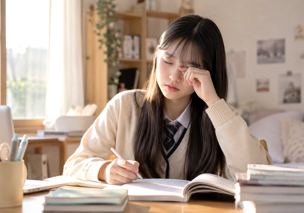 강남 수험생눈피로 — 책상에서 눈을 비비며 피곤해하는 수험생의 모습