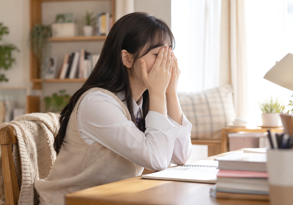 강남 수험생눈피로 — 50분 공부 후 먼 곳을 바라보며 눈을 쉬는 모습