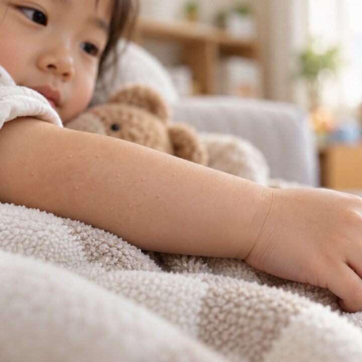 아이 팔에 오돌토돌하게 올라온 물사마귀 몇 개가 살색으로 나 있는 모습