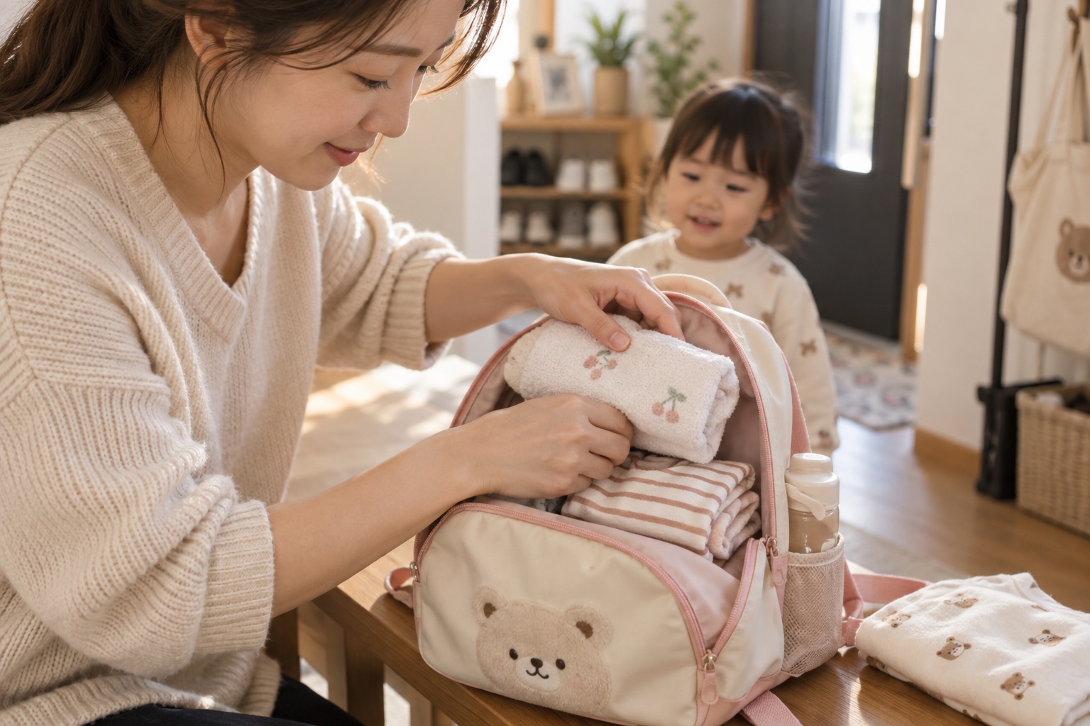어린이집 가방에 개인 수건과 여벌 옷을 챙기는 부모의 손