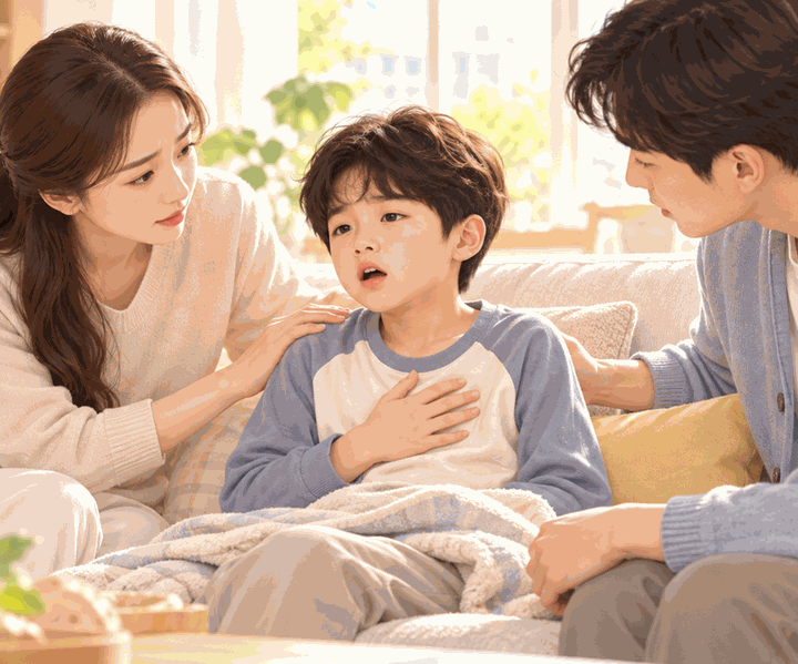 강남아이쌕쌕거림 – 가슴에 손을 올리고 숨쉬기 불편해하는 아이