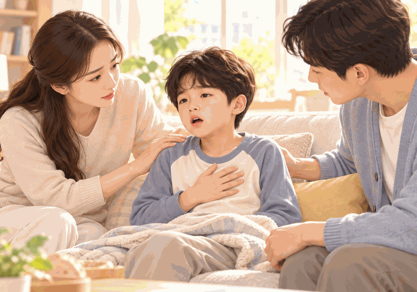 아이 쌕쌕거림 증상으로 가슴에 손을 얹은 아이를 살피는 부모 일러스트