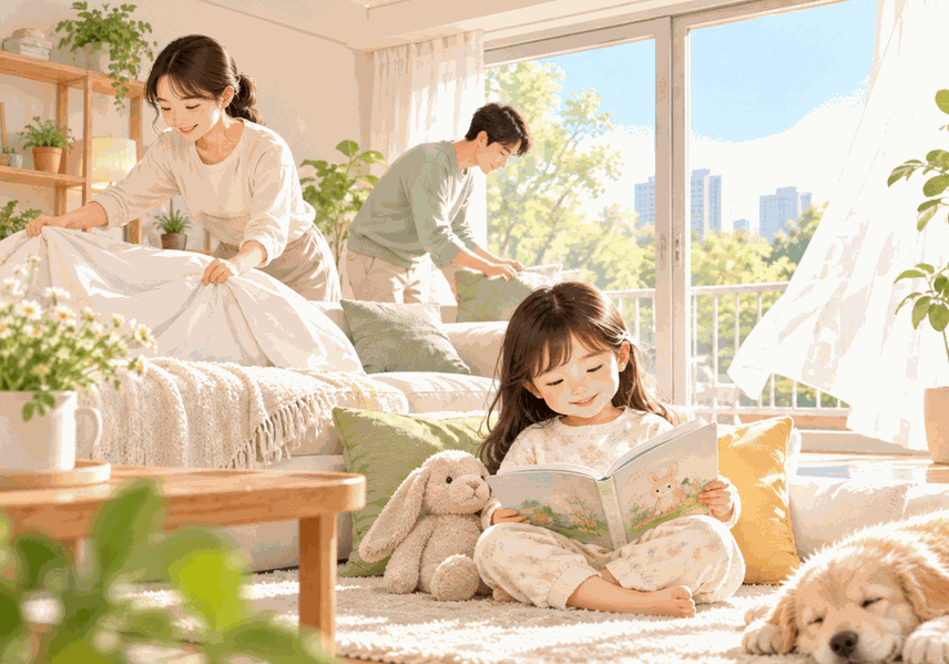 환기와 정돈으로 편안하게 가꾼 거실에서 책을 읽는 아이와 부모 일러스트
