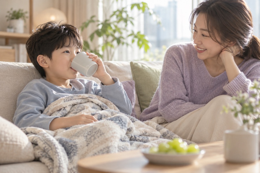 실내에서 담요를 덮고 편안하게 물을 마시는 아이와 보호자