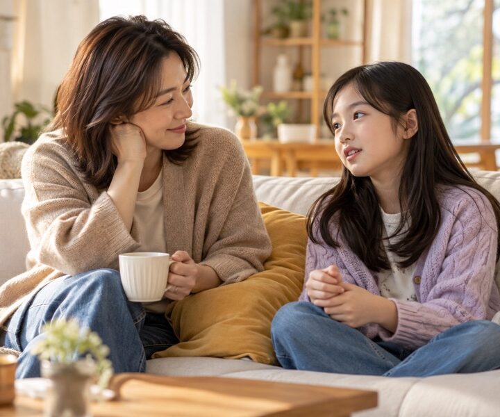 성조숙증 가슴멍울 신호를 아이에게 설명하며 대화하는 엄마와 딸