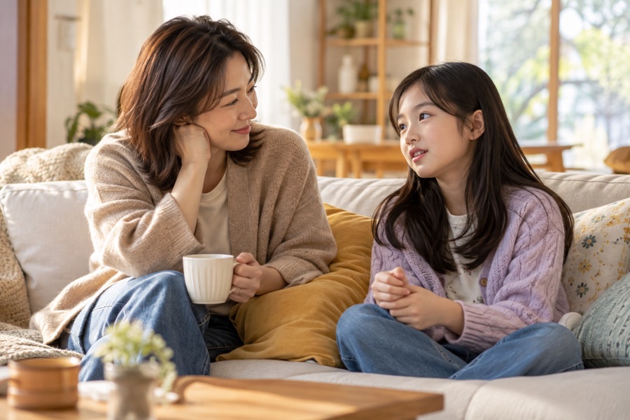 성조숙증 가슴멍울 신호를 아이에게 설명하며 대화하는 엄마와 딸