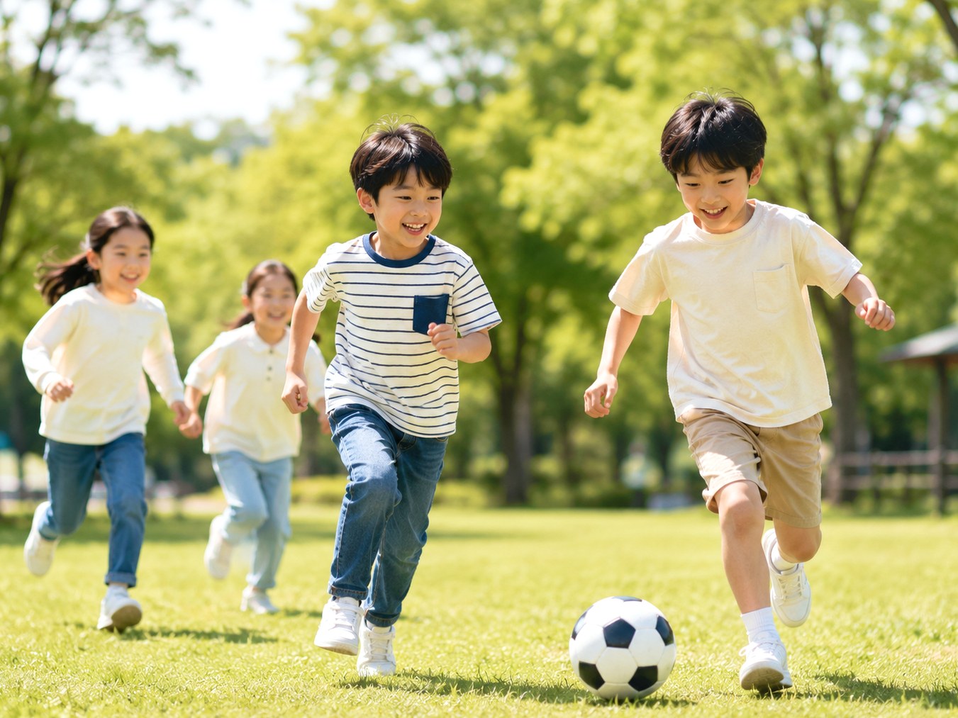 노원 소아비만 – 공원에서 축구하며 뛰어노는 아이들