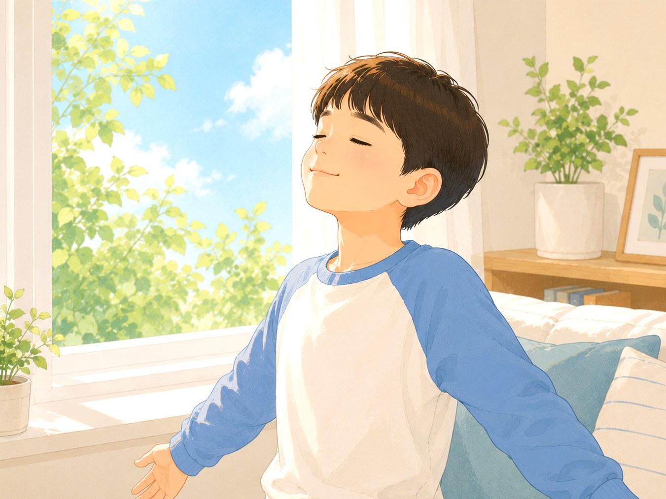 노원 축농증 – 창가에서 눈을 감고 편안히 심호흡하는 아이