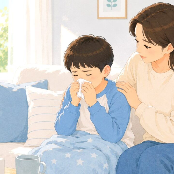 노원 소아 축농증 – 휴지로 코를 푸는 아이를 다독이는 엄마